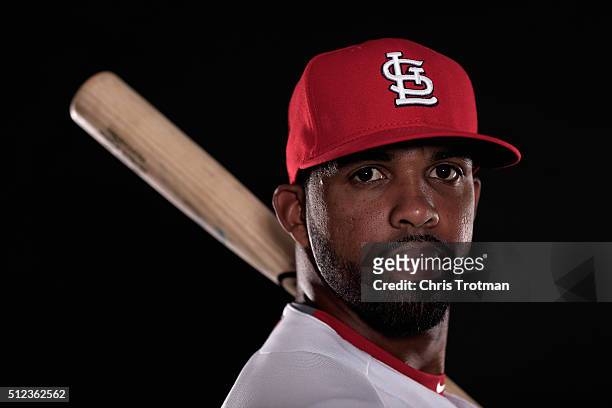Carlos Peguero of the St. Louis Cardinals poses for a photograph at Spring Training photo day at Roger Dean Stadium on February 25, 2016 in Jupiter,...