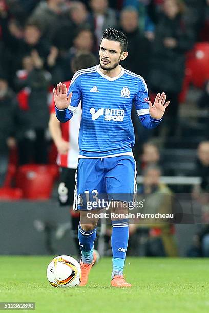 Remy Cabella of Marseille reacts after the goal of Bilbao during the UEFA Europa League Football round of 32 second leg match between Athletic Bilbao...
