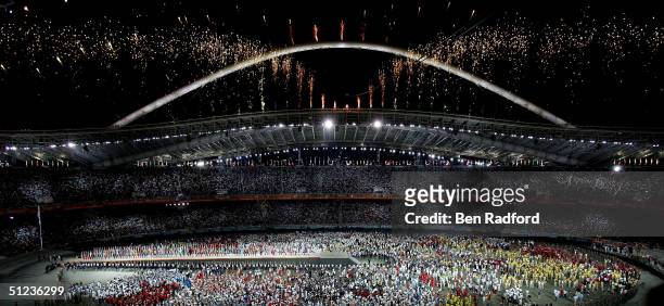 Fireworks are seen during the closing ceremonies of the Athens 2004 Summer Olympic Games on August 29, 2004 at the Sports Complex Olympic Stadium in...