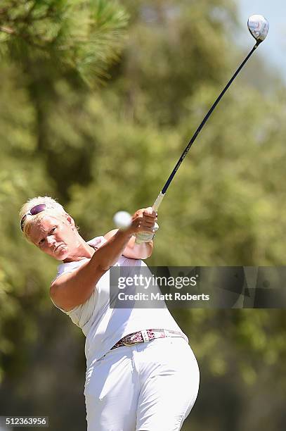 Trish Johnson of England hits her approach shot during day two of the RACV Ladies Masters at Royal Pines Resort on February 26, 2016 on the Gold...