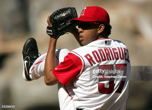 Pitcher Francisco Rodriguez of the Anaheim Angels throws a pitch in relief against the Minnesota Twins on August 29, 2004 at Angel Stadium in...