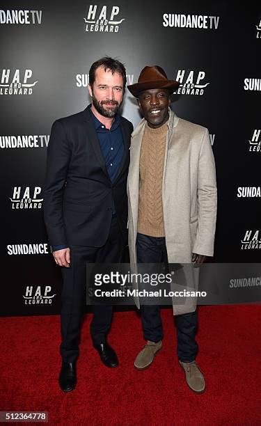 Actors James Purefoy and Michael Kenneth Williams attend SundanceTV's "Hap and Leonard" Premiere Party at Hill Country Barbecue Market on February...