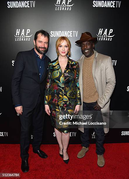 Actors James Purefoy, Christina Hendricks and Michael Kenneth Williams attend SundanceTV's "Hap and Leonard" Premiere Party at Hill Country Barbecue...