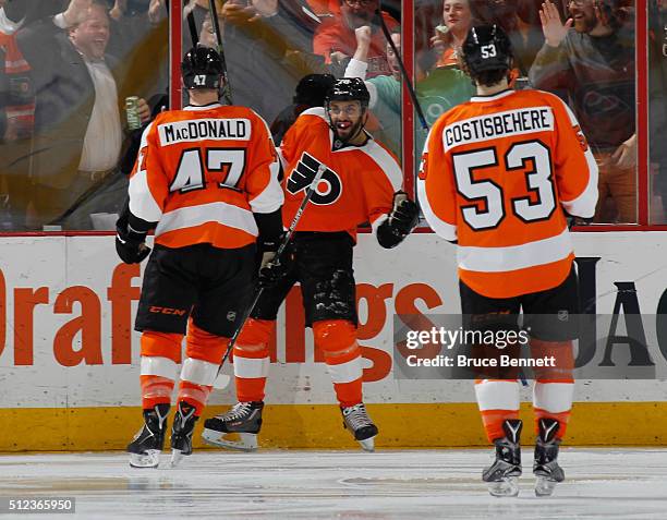 Pierre-Edouard Bellemare of the Philadelphia Flyers celebrates the game winning goal at 3:21 of the third period against the Minnesota Wild at the...