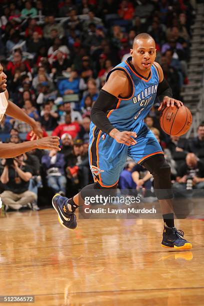 Randy Foye of the Oklahoma City Thunder drives to the basket against the New Orleans Pelicans during the game on February 25, 2016 at Smoothie King...