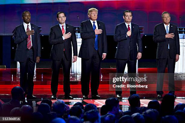 Republican presidential candidates Ben Carson, retired neurosurgeon, from left, Senator Marco Rubio, a Republican from Florida, Donald Trump,...