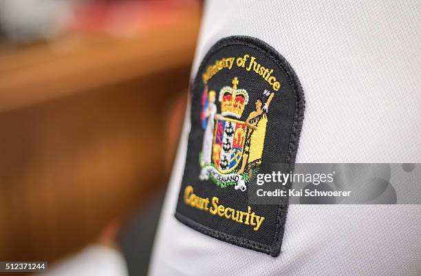 Ministry of Justice Court Security badge is seen during the Murder Trial case at Christchurch High Court on February 26, 2016 in Christchurch, New...