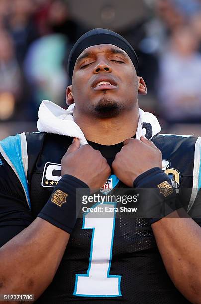 Quarterback Cam Newton of the Carolina Panthersr reacts while playing against the Denver Broncos during Super Bowl 50 at Levi's Stadium on February...