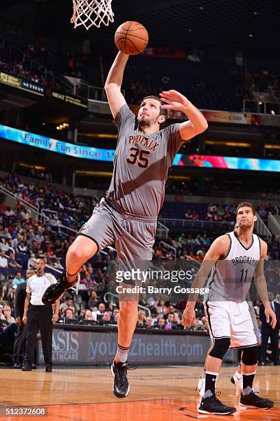 Mirza Teletovic of the Phoenix Suns goes for the dunk against the Brooklyn Nets during the game on February 25, 2016 at Talking Stick Resort Arena in...