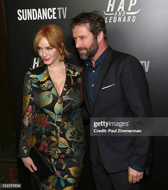 Actors Christina Hendricks and James Purefoy attend SundanceTV's 'Hap and Leonard' premiere party at Hill Country Barbecue Market on February 25,...