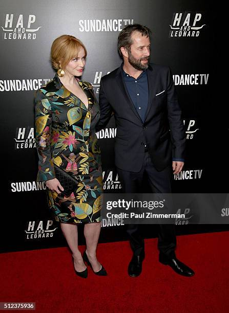 Actors Christina Hendricks and James Purefoy attend SundanceTV's 'Hap and Leonard' premiere party at Hill Country Barbecue Market on February 25,...