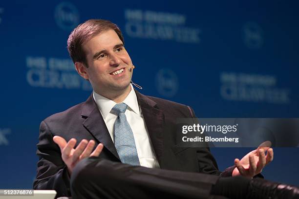 Jeffrey Straubel, chief technical officer of Tesla Motors Inc., gestures during the 2016 IHS CERAWeek conference in Houston, Texas, U.S., on...