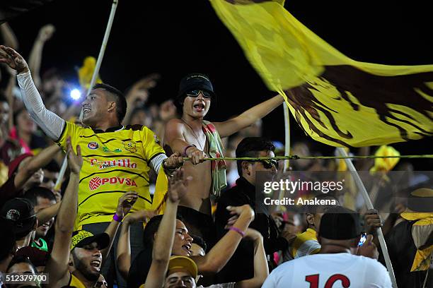 Fans of Trujillanos cheer for their team during a group stage match between Trujillanos and River Plate as part of Copa Bridgestone Libertadores 2016...