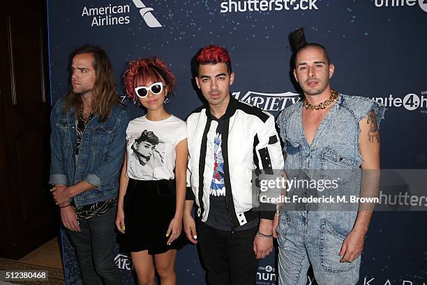 Jack Lawless, JinJoo Lee, Joe Jonas and Cole Whittle of DNCE attend the 3rd annual unite4:humanity at Montage Beverly Hills on February 25, 2016 in...