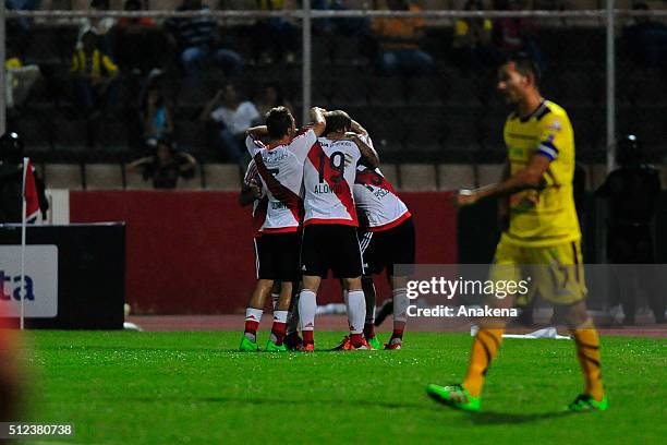 Luis Gonzalez of River Plate celebrates with teammates after scoring the second goal of his team during a group stage match between Trujillanos and...