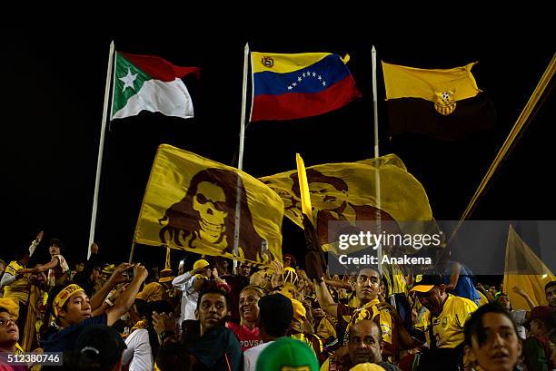 Fans of Trujillanos cheer their team during a group stage match between Trujillanos and River Plate as part of Copa Bridgestone Libertadores 2016 at...