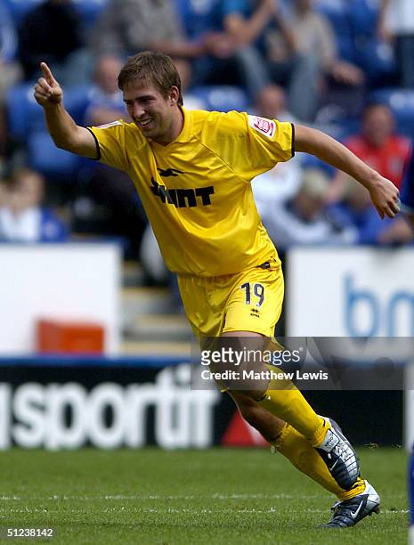 Adam Virgo of Brighton celebrates his goal during the Coca-Cola Championship match between Leicester City and Brighton and Hove Albion at the Walkers...