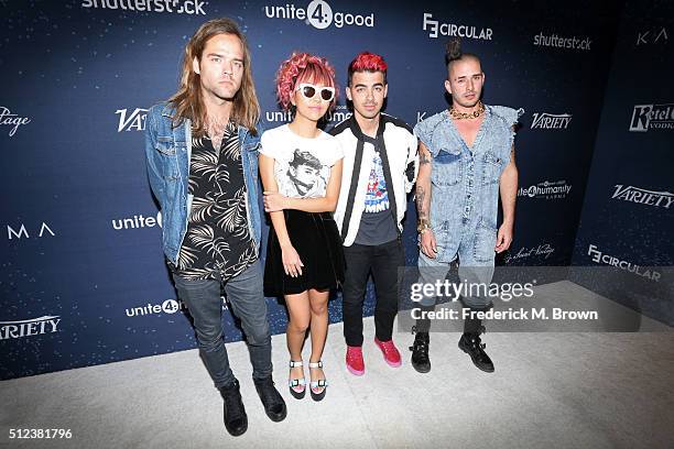 Jack Lawless, JinJoo Lee, Joe Jonas and Cole Whittle of DNCE attend the 3rd annual unite4:humanity at Montage Beverly Hills on February 25, 2016 in...