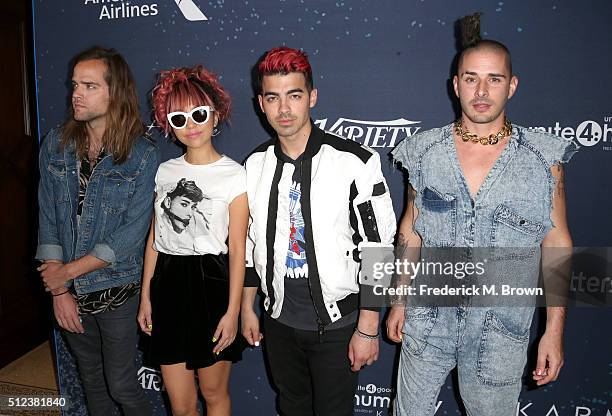 Jack Lawless, JinJoo Lee, Joe Jonas and Cole Whittle of DNCE attend the 3rd annual unite4:humanity at Montage Beverly Hills on February 25, 2016 in...