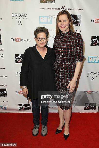 Phyllis Nagy and Geena Davis arrive at "Jack Of The Red Hearts" Symposium at YouTube Space LA Presented by Bentonville Film Festival, The Wrap, The...