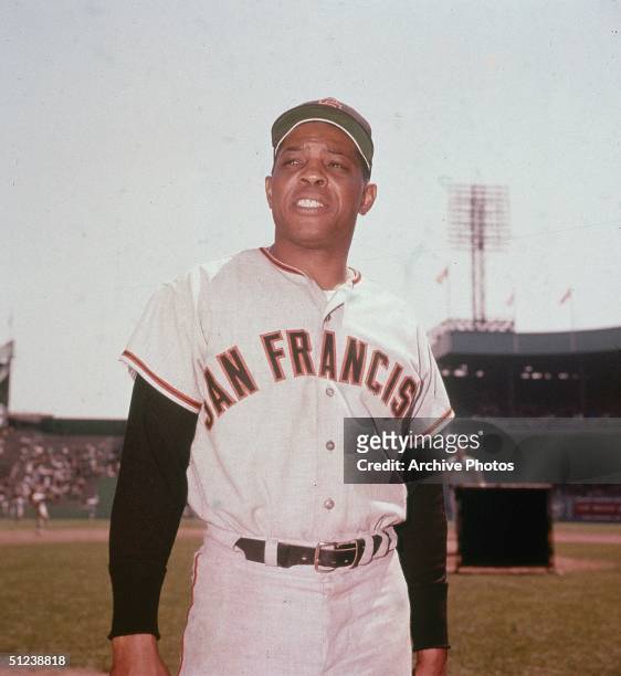 Circa 1958, American baseball player Willie Mays of the San Francisco Giants poses in uniform in a stadium.