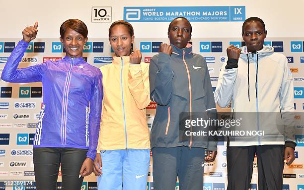 Women's guest runners for the Tokyo Marathon 2016, Aberu Kebede of Ethiopia, Birhane Dibaba of Ethiopia, Edna Kiplagat of Kenya, and Helah Kiprop of...