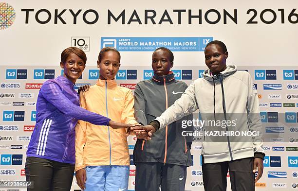 Women's guest runners for the Tokyo Marathon 2016, Aberu Kebede of Ethiopia, Birhane Dibaba of Ethiopia, Edna Kiplagat of Kenya, and Helah Kiprop of...