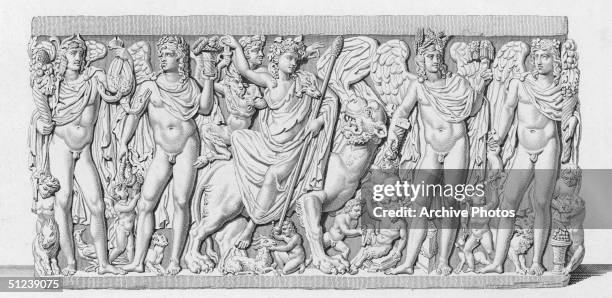 Circa 1000 BC, Bacchus , God of wine , and son of Jupiter and Semele, seated upon a panther. Original Artwork: Engraved by Bosq after a drawing by...