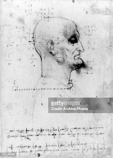 Circa 1505, Leonardo da Vinci . A detail from one of da Vinci's sketchbooks, which depicts a man's profile in red chalk with mirror writing notes in...