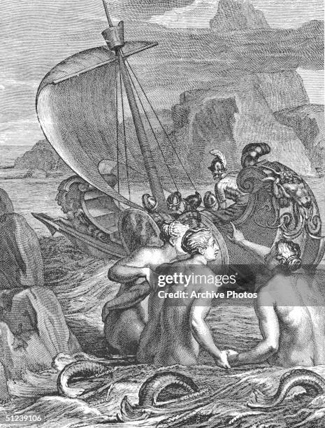Circa 1000 BC, Ulysses and his companions escape the lure of the sirens during their long homeward voyage. Original Artwork: Engraved after a...