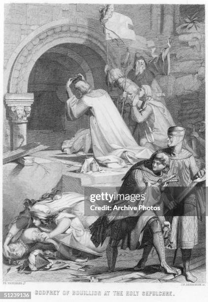 Circa 1100, Godfrey de Bouillon Duke of Lower Lorraine, one of the leaders of the First Crusade, 1095-1100. On July 15 after a five week siege, his...
