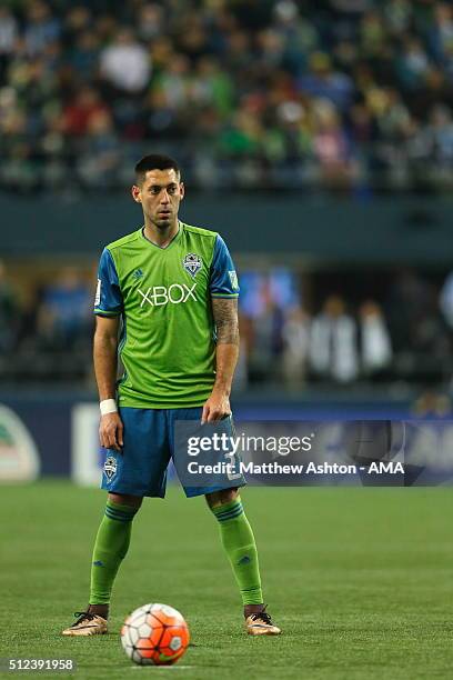 Clint Dempsey of the Seattle Sounders prepares to take a free kick during the CONCACAF Champions League match between Seattle Sounders and Club...