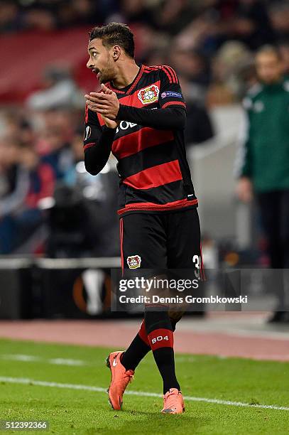Karim Bellarabi of Bayer Leverkusen reacts during the UEFA Europa League round of 32 second leg match between Bayer Leverkusen and Sporting Lisbon at...