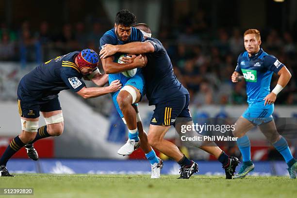 Akira Ioane of the Blues is tackled during the round one Super Rugby match between the Blues and the Highlanders at Eden Park on February 26, 2016 in...