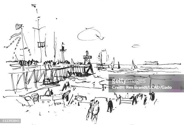 Pen sketch shows people, including fishermen, at a beach, Deauville, Normandy, France, July 4, 1965. Brandt was a cubist and member of the California...