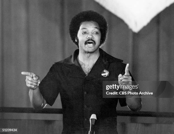 May 1979, Reverend Jesse Jackson, guest starring as himself, delivers a speach in a ghetto high school in a still from the television program 'Lou...