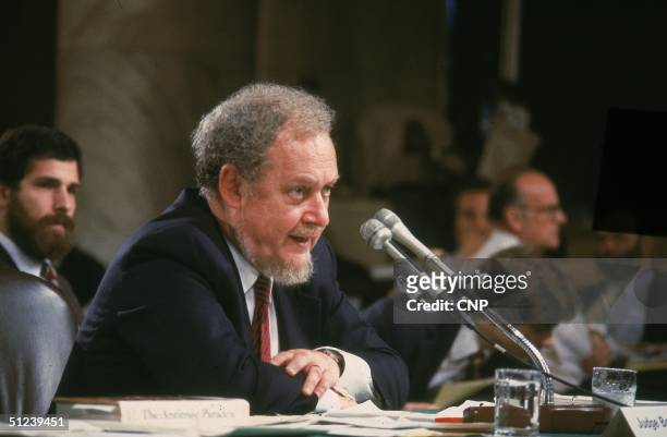 18th September 1987, Reagan nominee for the Supreme Court, Judge Robert Bork, testifies on the fourth day of his Supreme Court confirmation hearing...