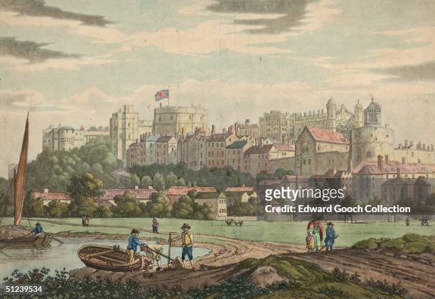 Circa 1750, A Union Jack flies over Windsor Castle in Berkshire, signifying that the sovereign is in residence.