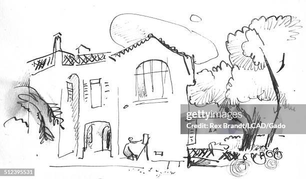 Watercolor painting shows Pierre-Auguste Renoir's studio and home, Cagnes-Sur-Mer, France, July 1965. Brandt was a cubist and member of the...