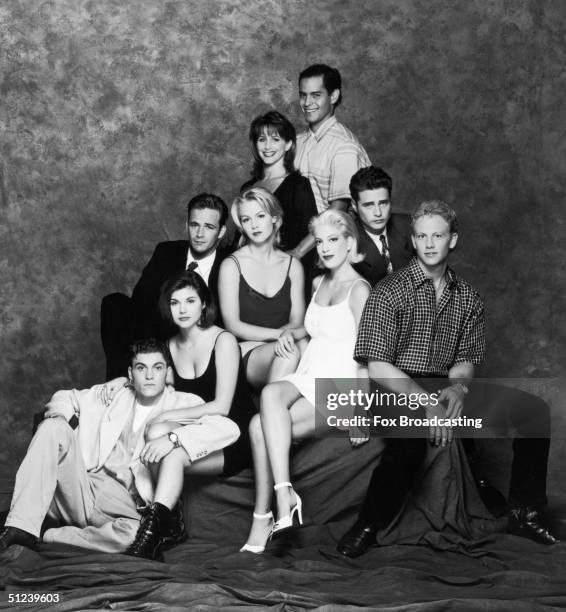 Circa 1995, Studio portrait of the cast of the television series, 'Beverly Hills, 90210' 1990s. Clockwise from bottom left: Brian Austin Green,...