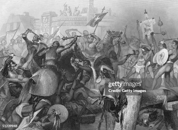 13th August 1521, Engraving of a battle scene during the capture of the Aztec capital of Tenochtitlan, by Spanish explorer and conqueror Hernando...