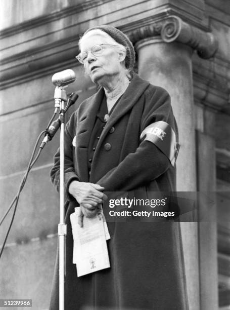 Circa 1969, American social activist Dorothy Day , founder of the Catholic Worker movement, addresses a demonstration in Union Square New York where...