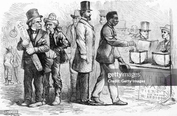 March 1867, Harper's Weekly political cartoon by American cartoonist Thomas Nast, depicting an African-American man casting his ballot into a ballot...