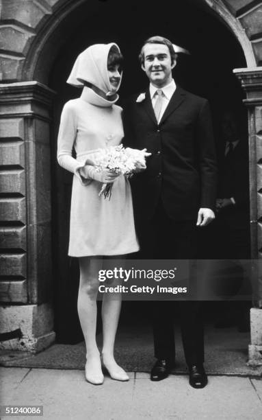 18th January 1969, Belgian-born actor Audrey Hepburn poses with her second husband, psychiatrist Andrea Dotti, on their wedding day, Morges,...