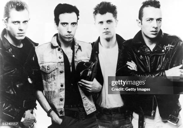 Promotional portrait of British punk rock band The Clash. Left to right: Paul Simonon, Mick Jones, Pete Howard, and Joe Strummer .