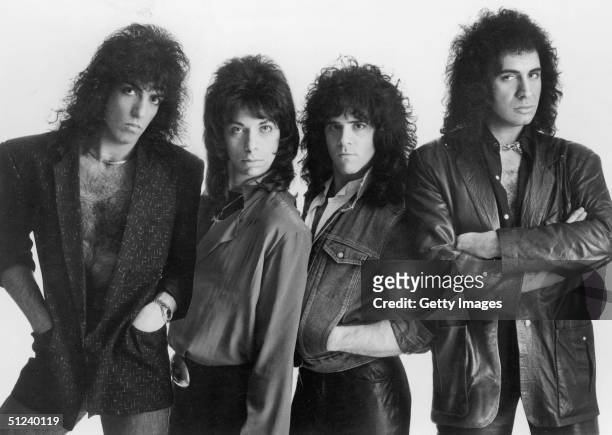 Circa 1983, Portrait of the Rock group Kiss, left to right; Paul Stanley, Vinnie Vincent, Eric Carr and Gene Simmons.