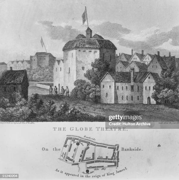 Circa 1612, The Shakespearian Globe Theatre on the banks of the River Thames in London. Moved to this Southwark site in 1798, it was accidentally...