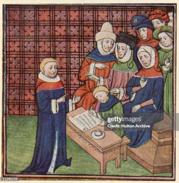 Circa 1350, An official dictating a report to a scribe and an audience in the 14th century.
