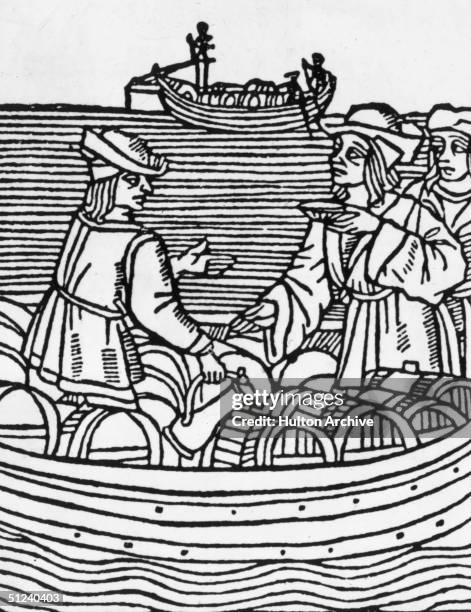 Men sampling a cargo of wine on board a small rowing boat.