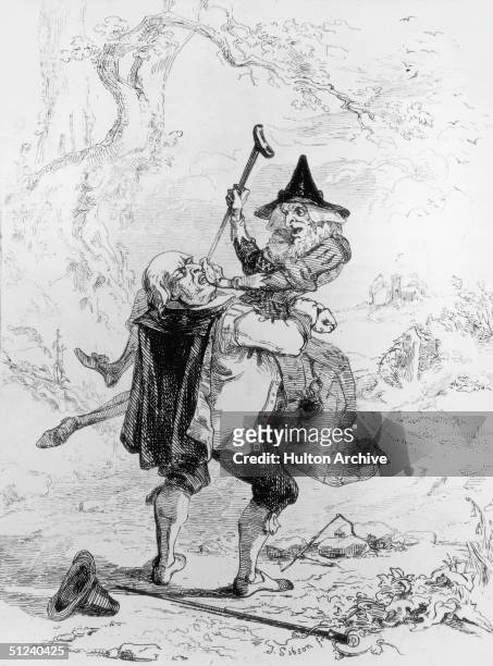 Circa 1600, A man attempting to catch a witch. Original Artwork: 'Podgers Catching a Witch' - engraving by J Simpson.